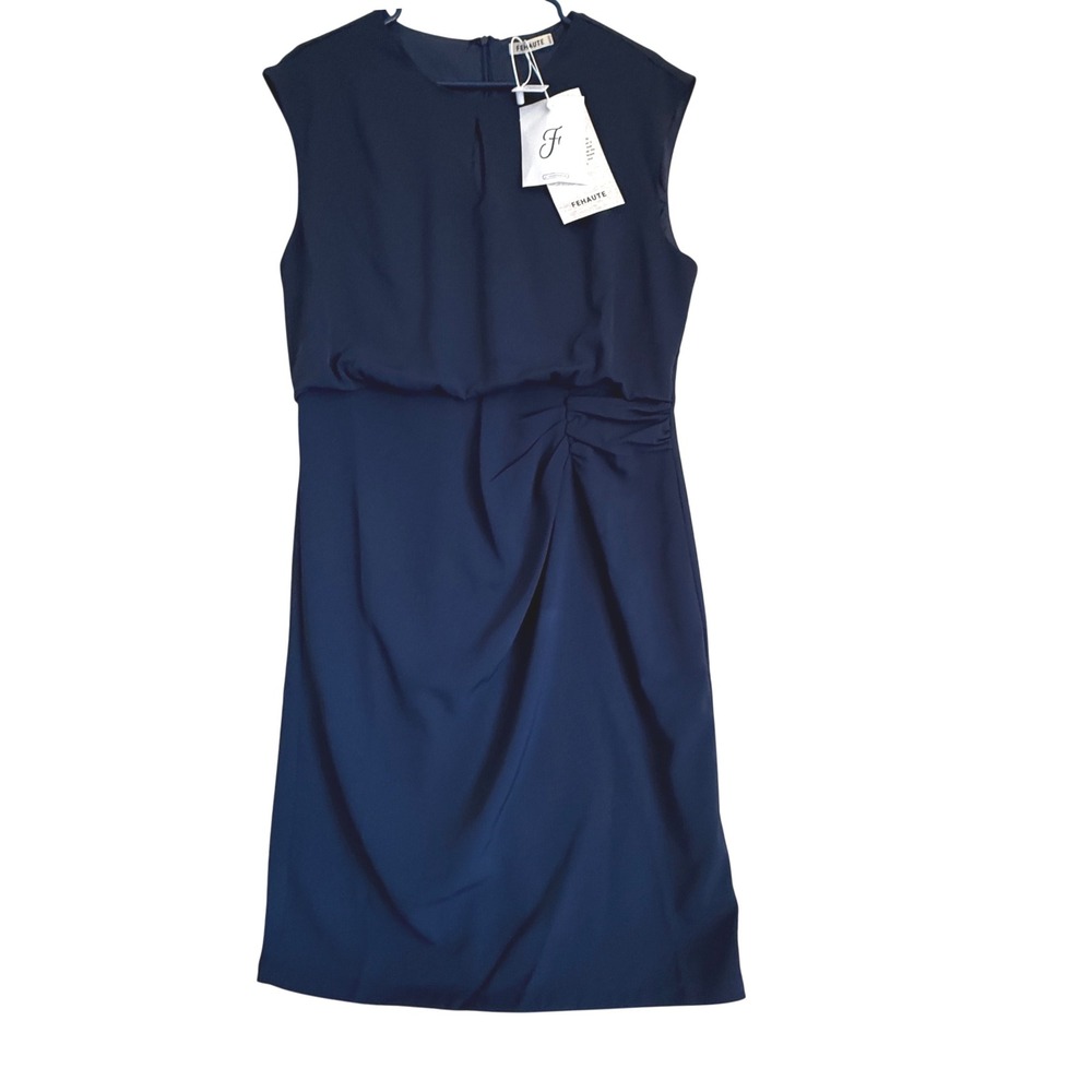 FEHAUTE Navy Blue Ruched Sheath Dress Cap Sleeve Business Casual Women US 12